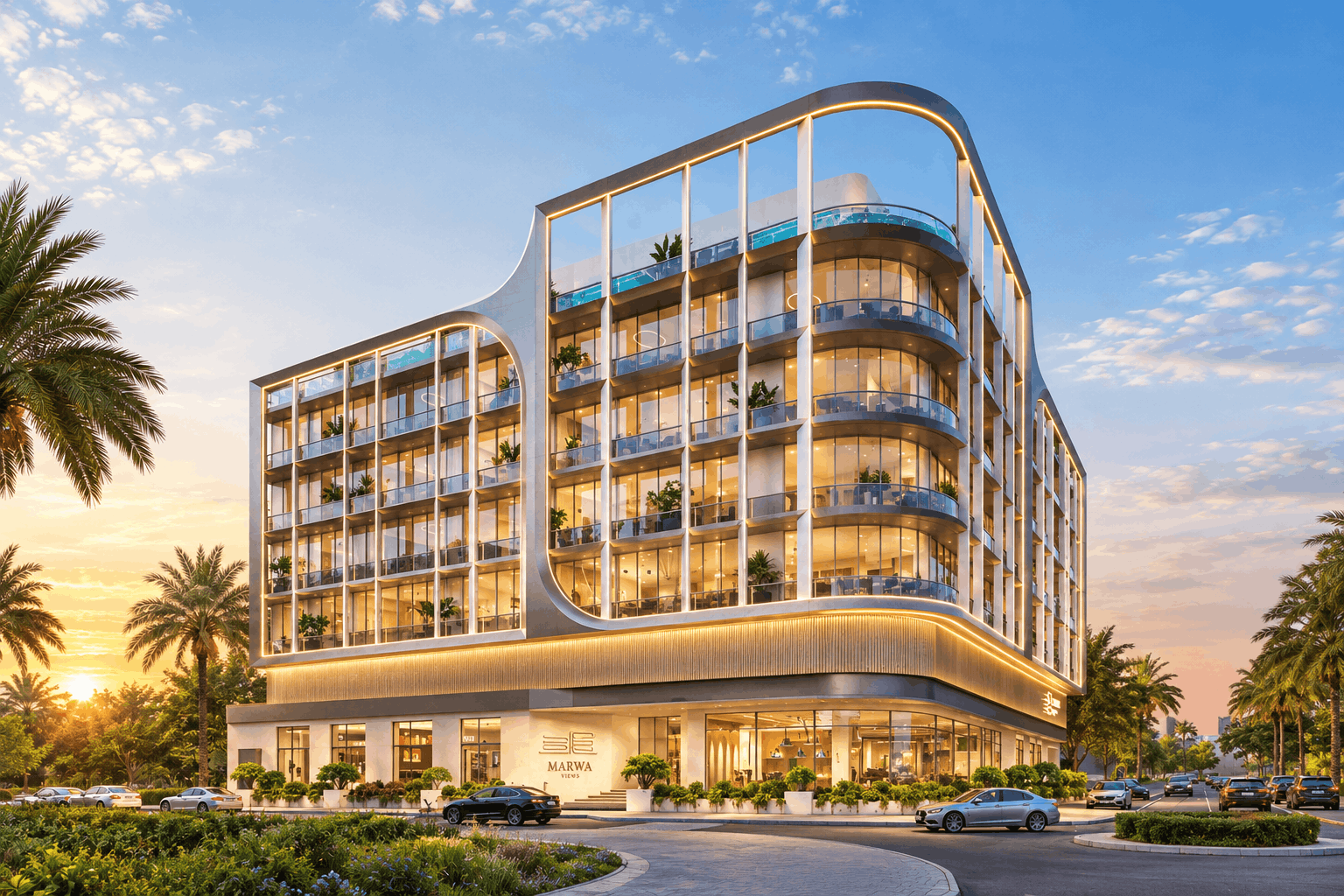 Marwa Views by New World Developments exterior facade at sunset in Jumeirah Village Triangle JVT