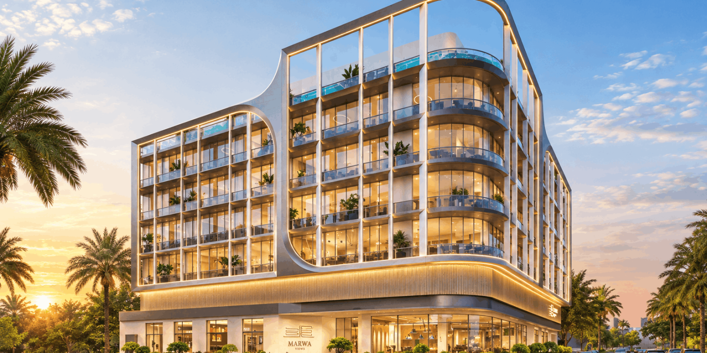 Marwa Views by New World Developments exterior facade at sunset in Jumeirah Village Triangle JVT
