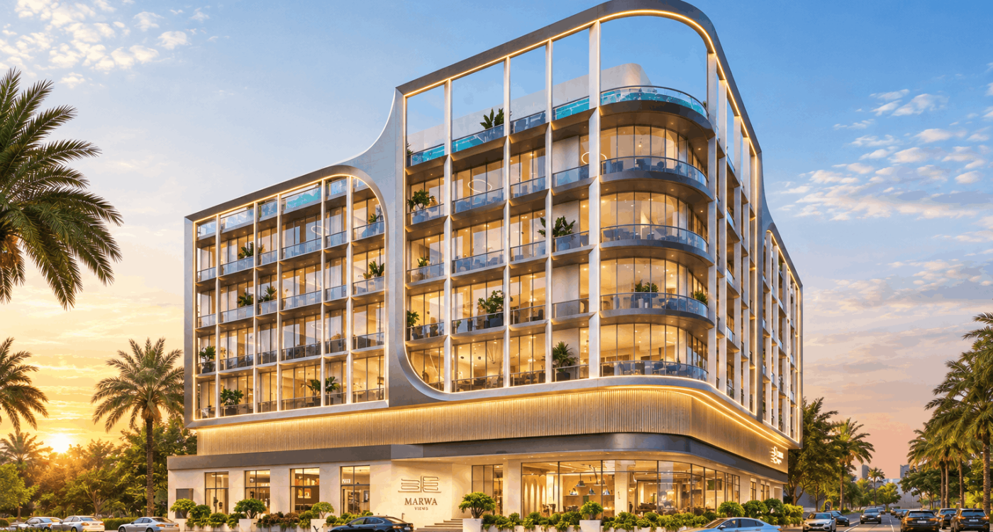 Marwa Views by New World Developments exterior facade at sunset in Jumeirah Village Triangle JVT
