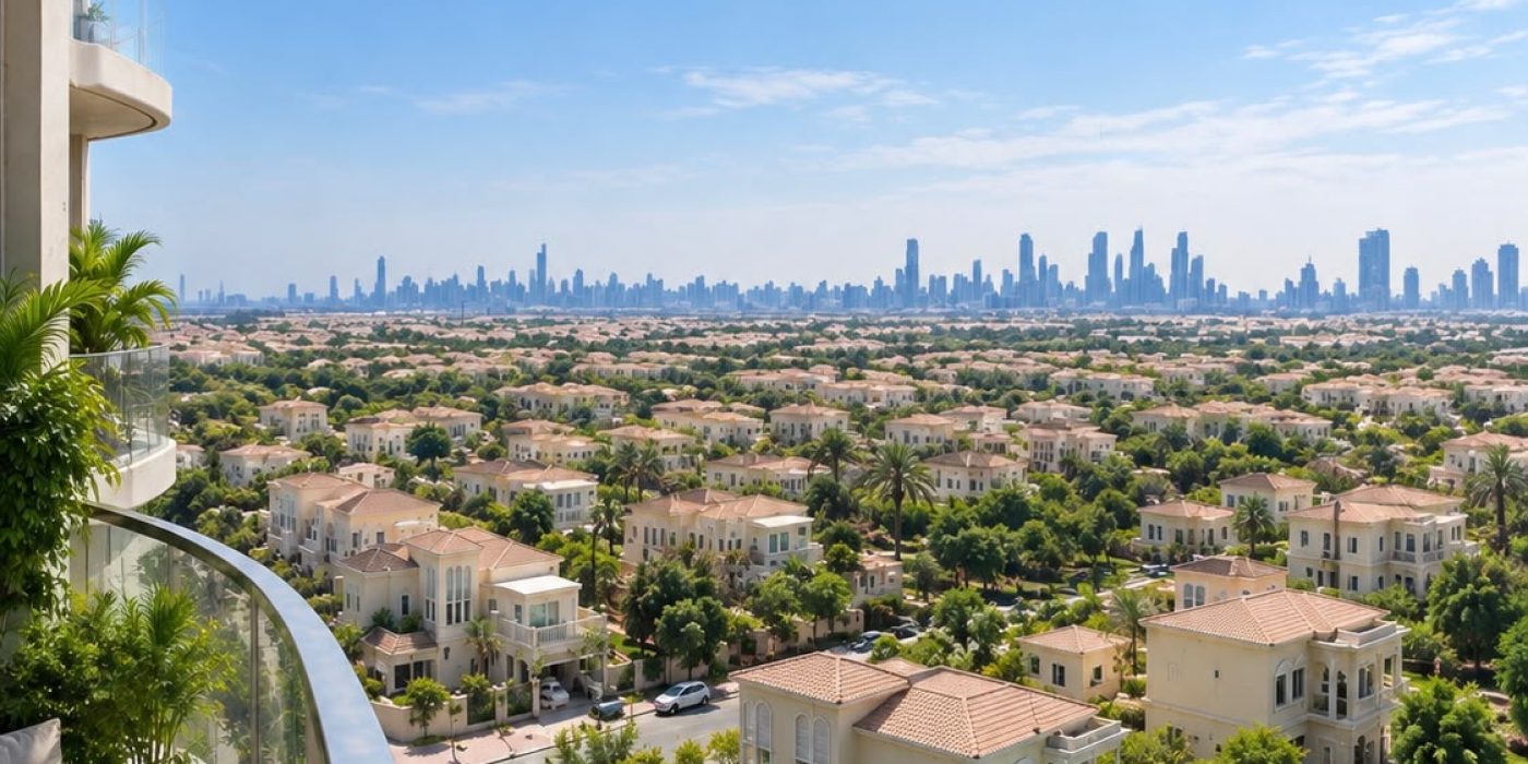 Marwa Views Marina skyline view and villa view from a JVT apartment balcony